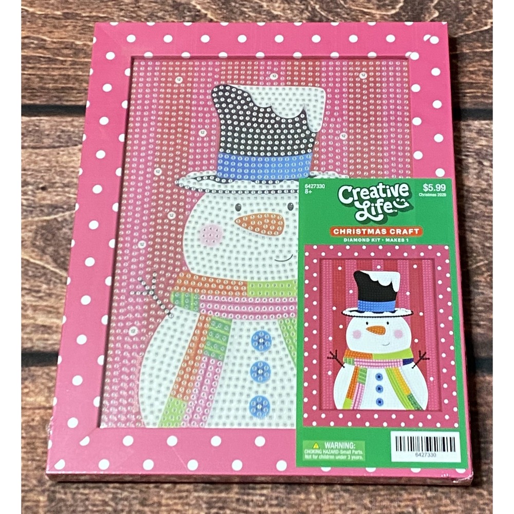 Snowman Rectangle Diamond Painting Kit in Pink Polka Dot Frame Hobby Lobby New